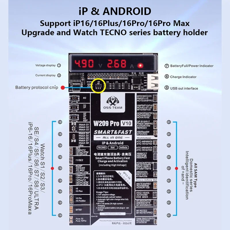 OSS W209 Pro V10 Universal Battery Fast Charging Activation Tool for IPhone 6-16PM Android Phone Watch Charging Board