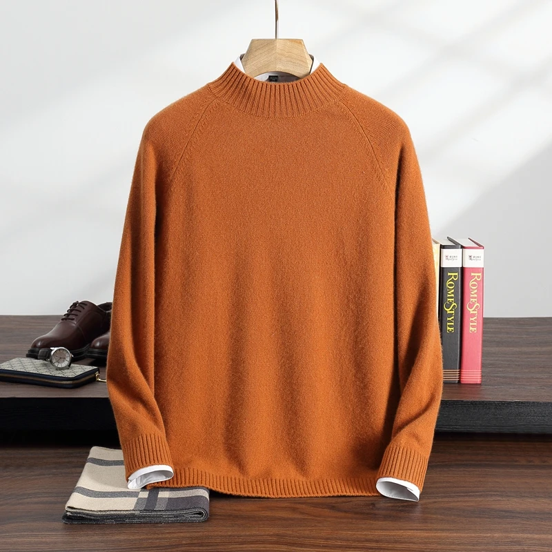 

Autumn and winter new 100% pure cashmere men's semi high neck pullover casual business solid color cashmere knitted men's top