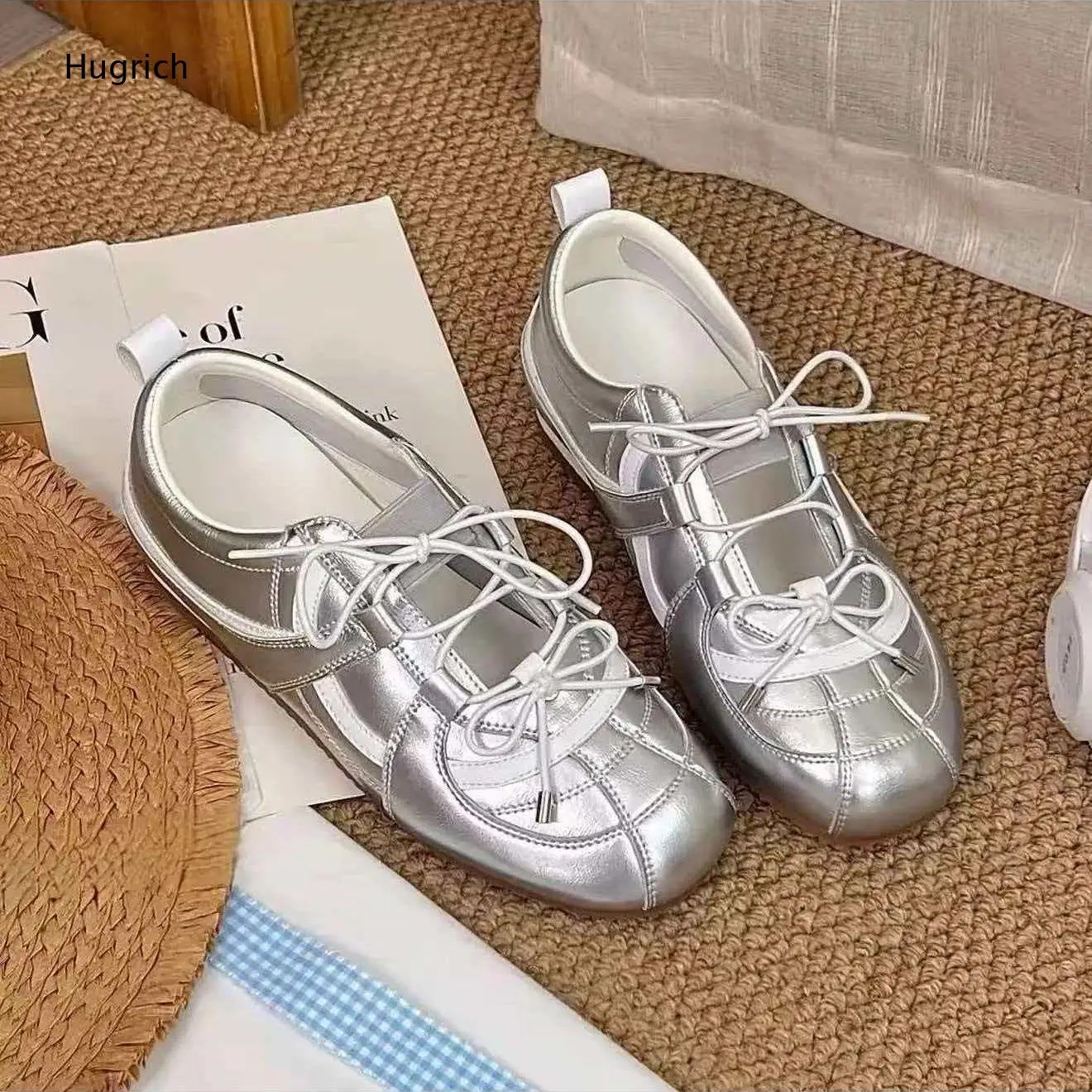 Metallic Leather Lace Up Ballet Flats Stitch Panel Square Toe Soft Slip On Walking Shoes for Women Y2K Street Style