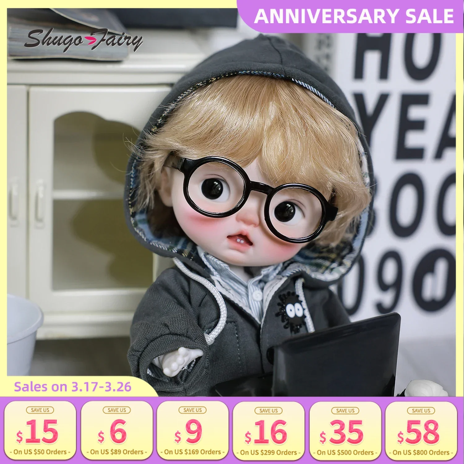 Thessa boneka Bjd 1/6 kepala besar anak kecil lucu dua gunting Resin Earphone rumah rekreasi bersendi boneka tokoh Anime