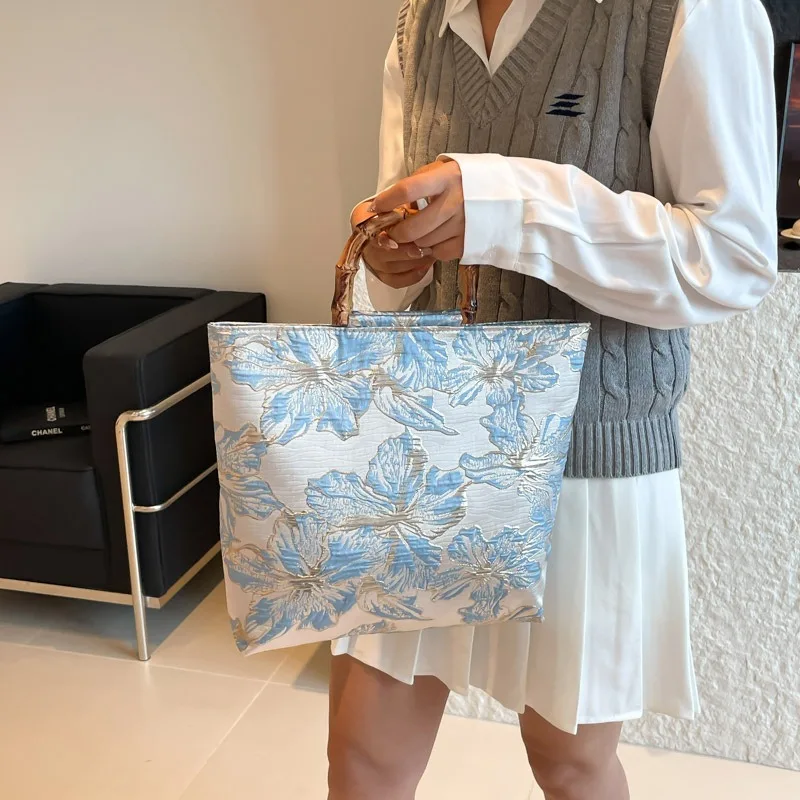 Chinese Style Canvas Jacquard Tote Bag Bamboo Joint Handheld Large Capacity Handbag Cheongsam Accessories Zipper Closure