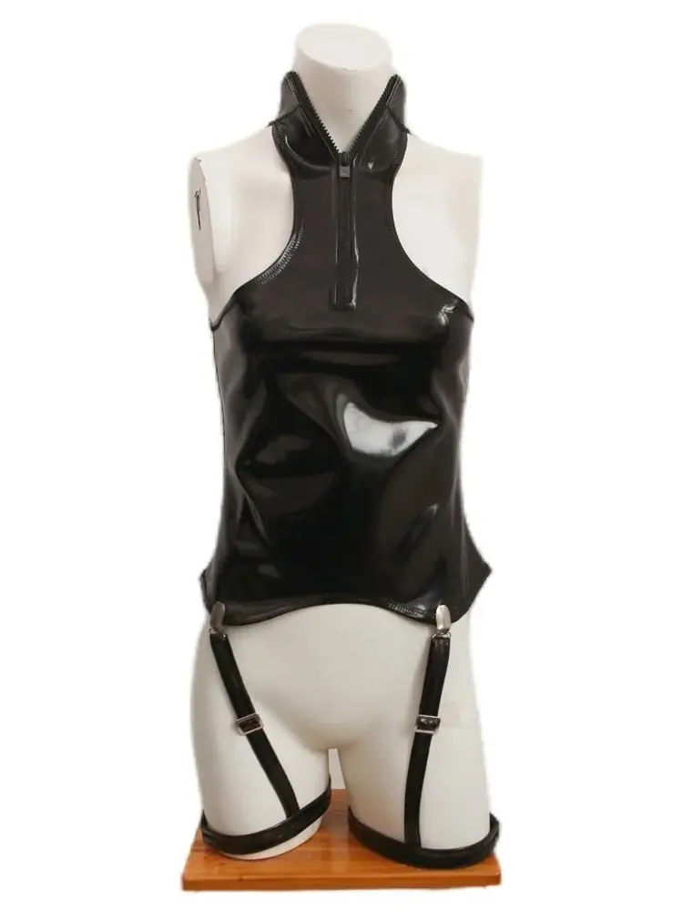 

XS-4XL Double Sided PU Leather Body Harness Wet Look PVC Garter Belt Faux Latex Reversible Suspender Hot Sexy Clubwear Tank Tops