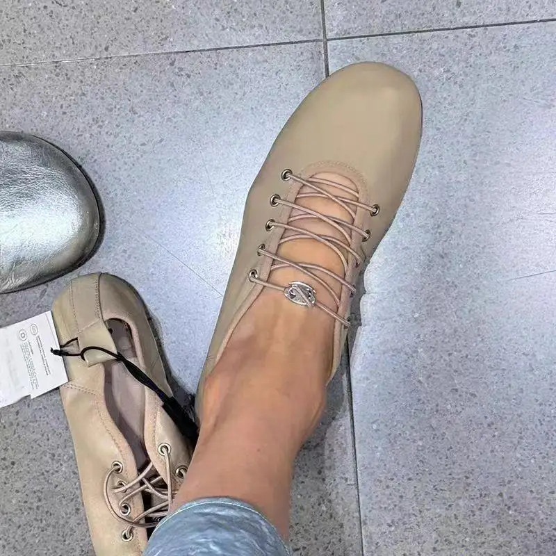 TRAF-zapatos planos estilo Ballet Retro para mujer, calzado de punta redonda, boca poco profunda, fondo suave, cuero, elegante, cuerda elástica, Mary Jane