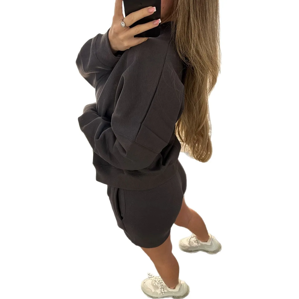 Setelan Dua Potong Jaket Resleting + Celana Pendek Wanita Musim Gugur Kasual Longgar Warna Solid Atasan Leher Bulat Setelan Celana Pendek Untuk Wanita