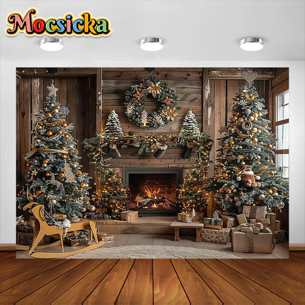 Christmas Fireplace Photography Background XMAS Tree Toy Rocking Horse Party Decoration Boy Girl photo Backdrop For Studio