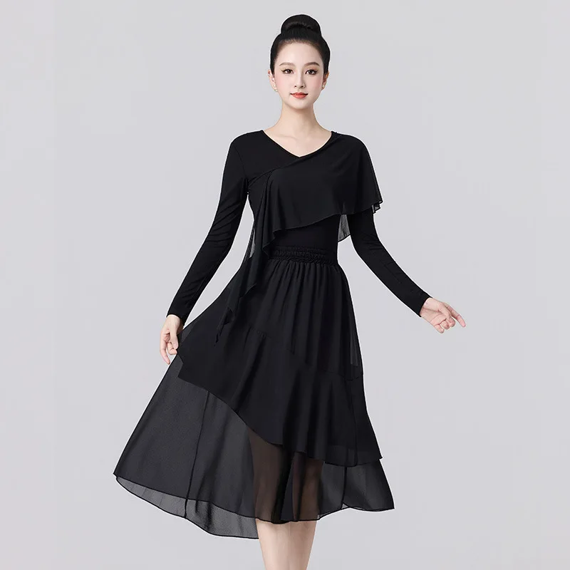 Nuovo top da ballo latino e da sala slim fit con gonna di media lunghezza Abbigliamento da pratica per donna Ginnastica per adulti e abbigliamento da pattinaggio di figura