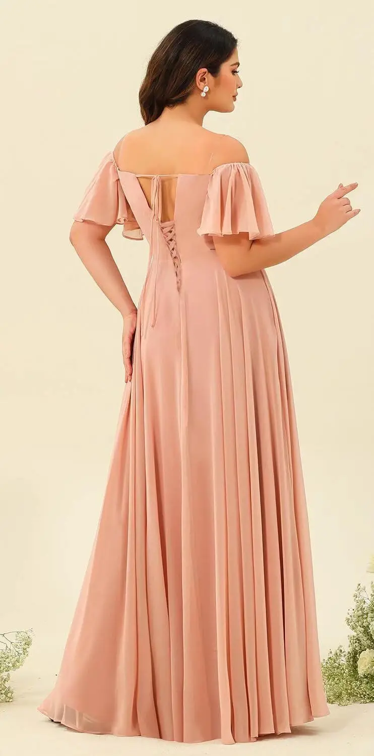 Uit de schouder chiffon bruidsmeisjesjurk Split A-lijn plooien bruidsmeisjesjurk lang voor dames met zakken Avondjurken