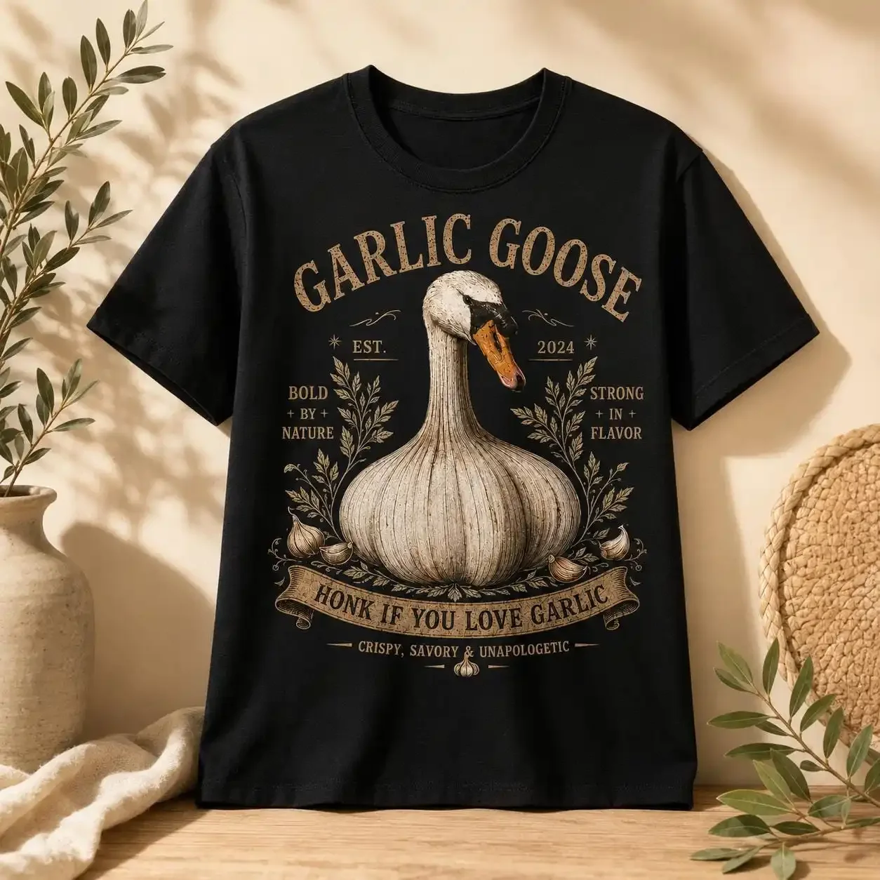 Garlic Goose Vintage Washed Tee, Funny Garlic Lover Graphic Top