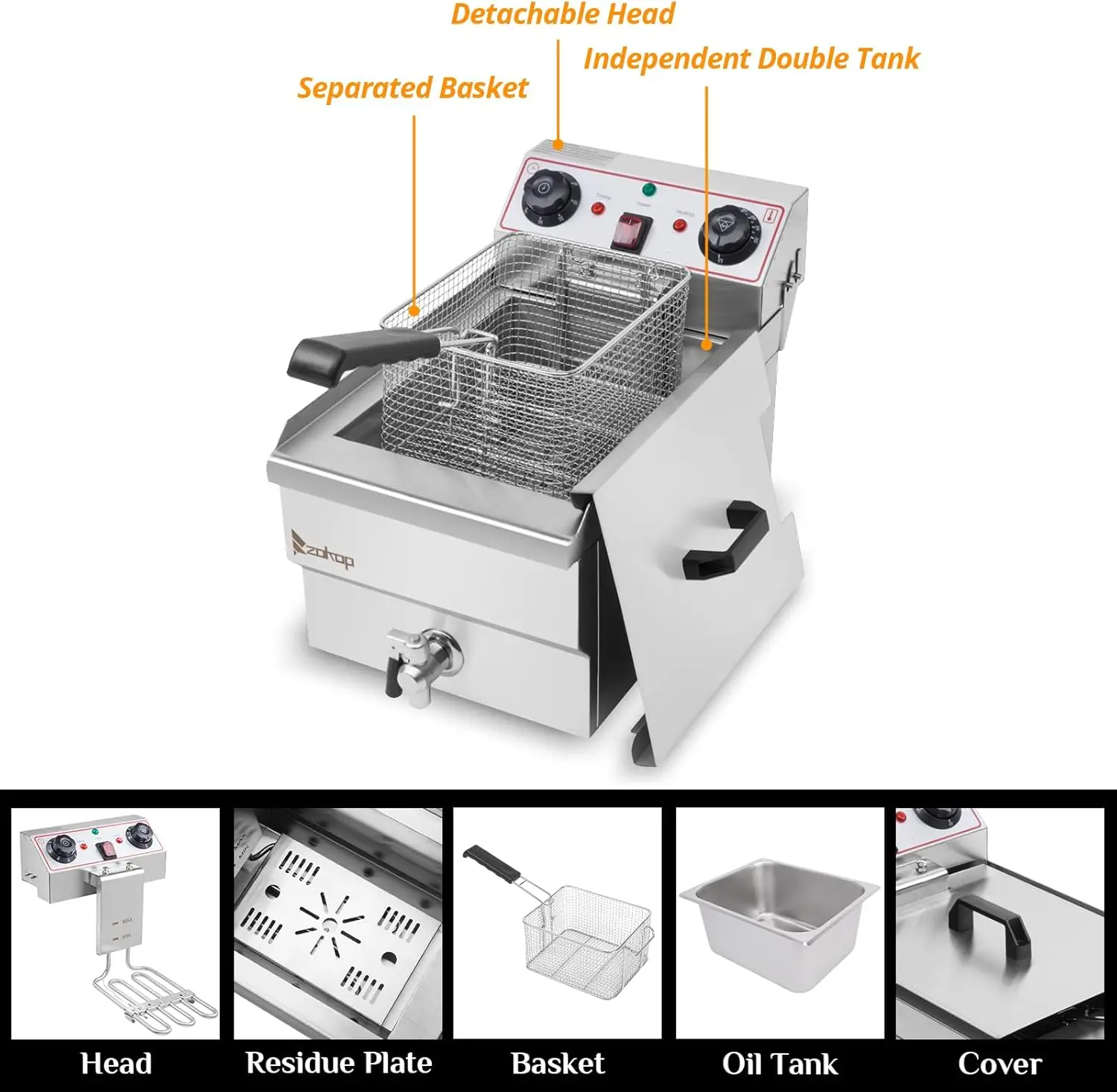 Freidora eléctrica con control de tiempo y filtración de aceite, acero inoxidable con control de temperatura, cesta y tapa, para freidora