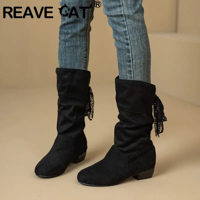 

REAVE CAT Elegant Suede Women Mid Calf Boots Round Toe Lace Up Pleated 3.5cm Thick Heel Large Size 45 46 47 Dating Botas Autumn