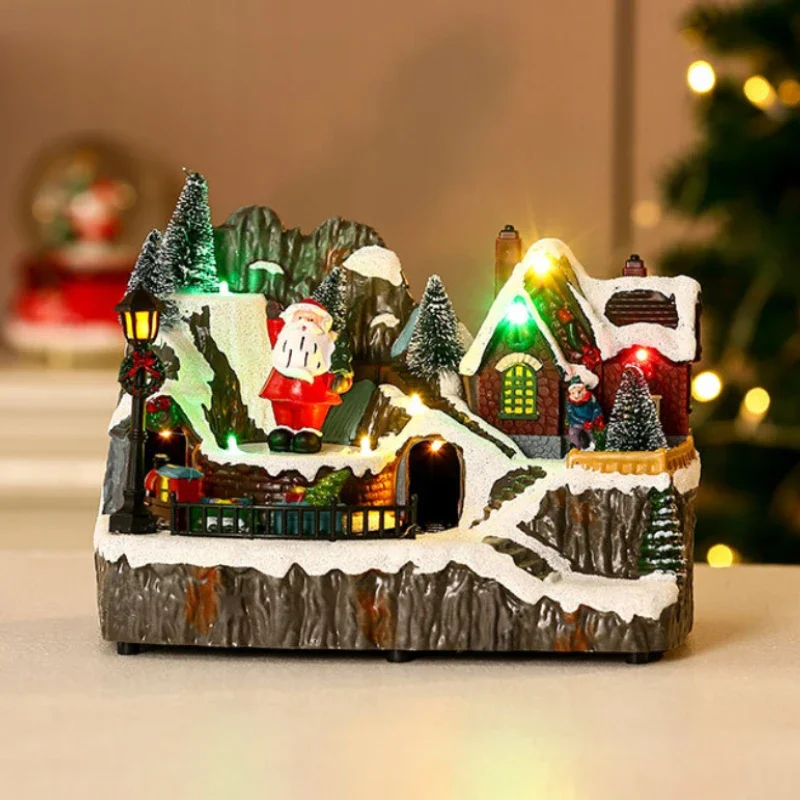 Glowing Resin Snow House Christmas Decoration with Music Rotating Resin Ornaments Santa Claus New Year Children's Gifts