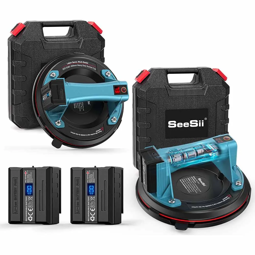 SEESII Elektrische Saugnäpfe für Fliesen, 600 LBS Autoglas-Saugnäpfe | 8" Hochleistungs-Akku-Vakuum-Glasheber mit 4x 2400mAh Batterien, Display, für Stein-, Granit- und Fensterinstallation