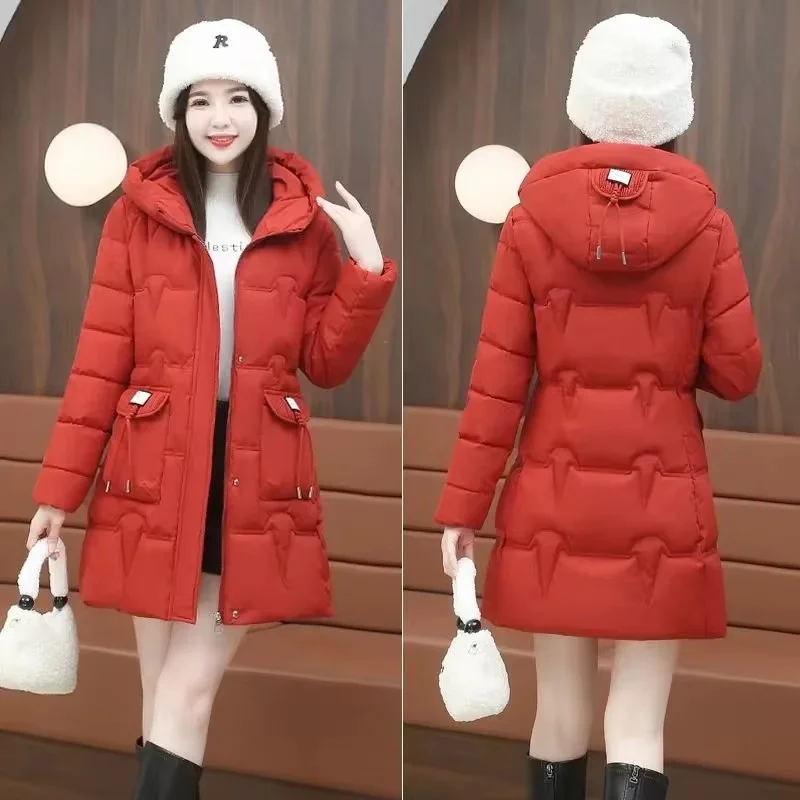 2024 New Korean Winter Women Jacket Parkas Female Long Down Down Cotton Hooded Overcoat Thick Warm Jackets Ladies Casual  Coats