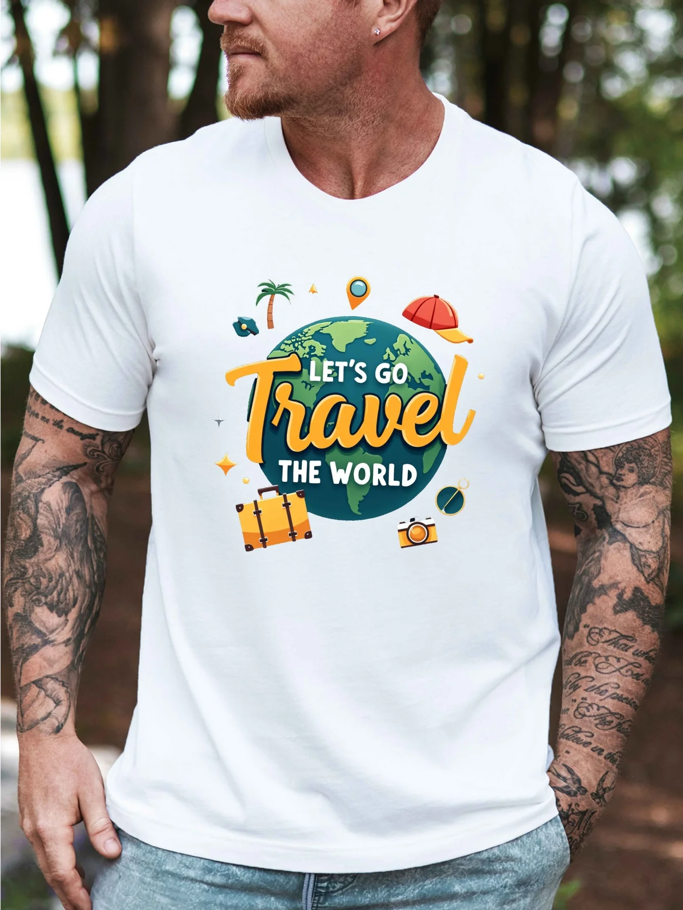 Let S Go Travel the World Men's Casual Short-Sleeved Round-Neck T-Shirt, Slightly Stretchy Knit Fabric, Printed T-Shirt, Regular Fit, Suitable for Outdoor Activities, Comfortable and Breathable, Summer Wear