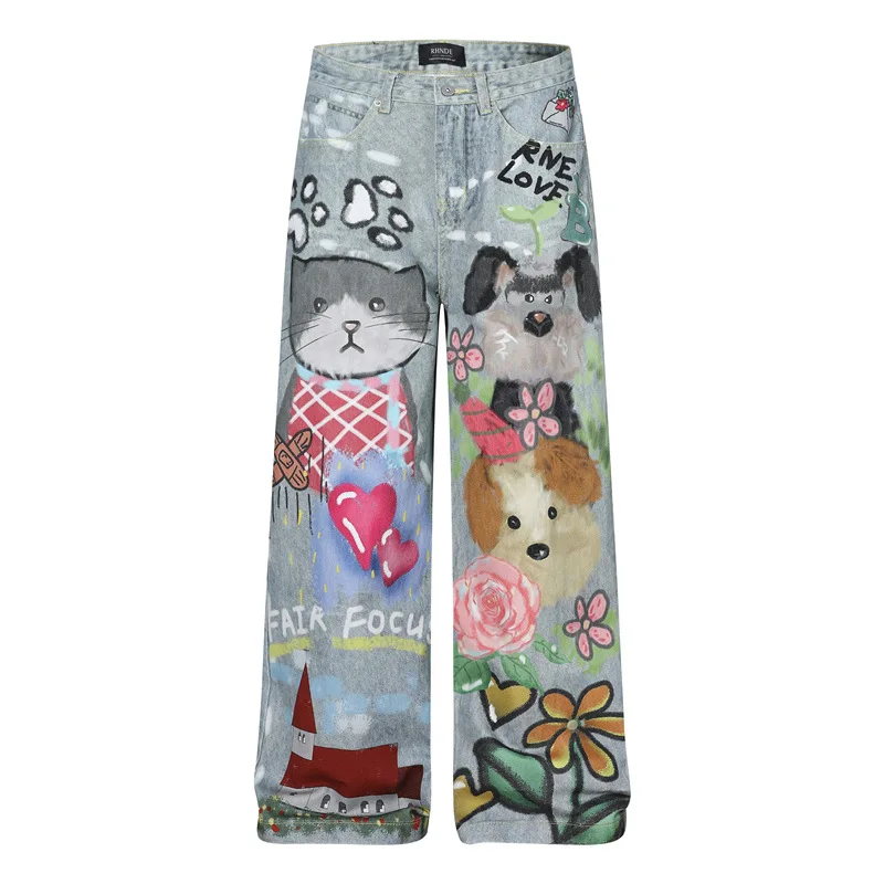 Men's Fashion Graffiti Hip Hop Jeans Pants High Street Loose Fit Vibe Style Printed Denim Trousers Streetwear Painted Y2K Jeans
