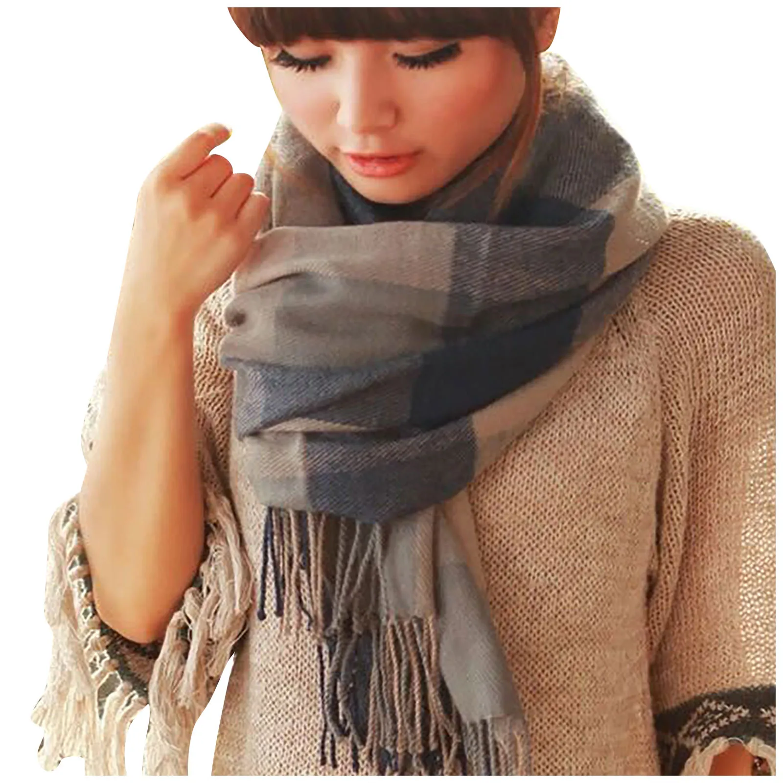 Женское белье, изящные аксессуары, шарф, 2023 толстый теплый комплект, вязаный клетчатый шейный платок, шерстяная Шапка 2024, Женская одежда, 2023