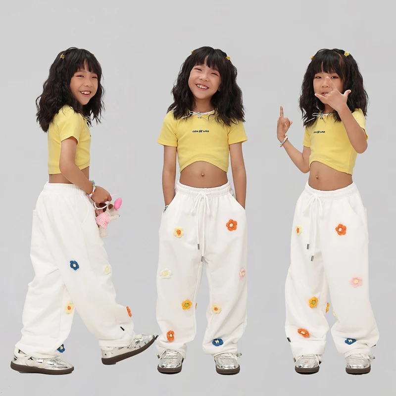 

Children Ballroom Hip Hop Dance Costumes For Girls Yellow Crop Tops White Pants Streetwear Kids Jazz Stage Rave Clothes DQS17067