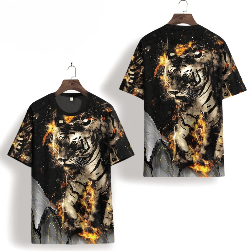 Creative 3D Tiger Digital Printing Icy Cool Short Sleeve Tees Tops Summer New Quality Hollow Silky Elastic T Shirt Men Oversized