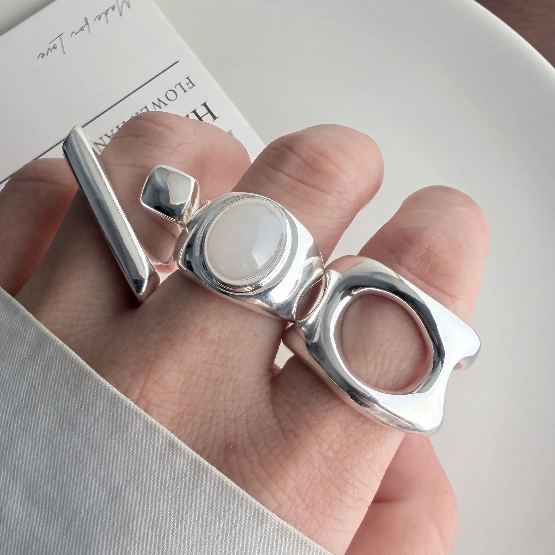 925 Sterling Silver Rings For Women Geometric Fine Jewelry Finger Adjustable Wide Stone Ring For Party Birthday Gift