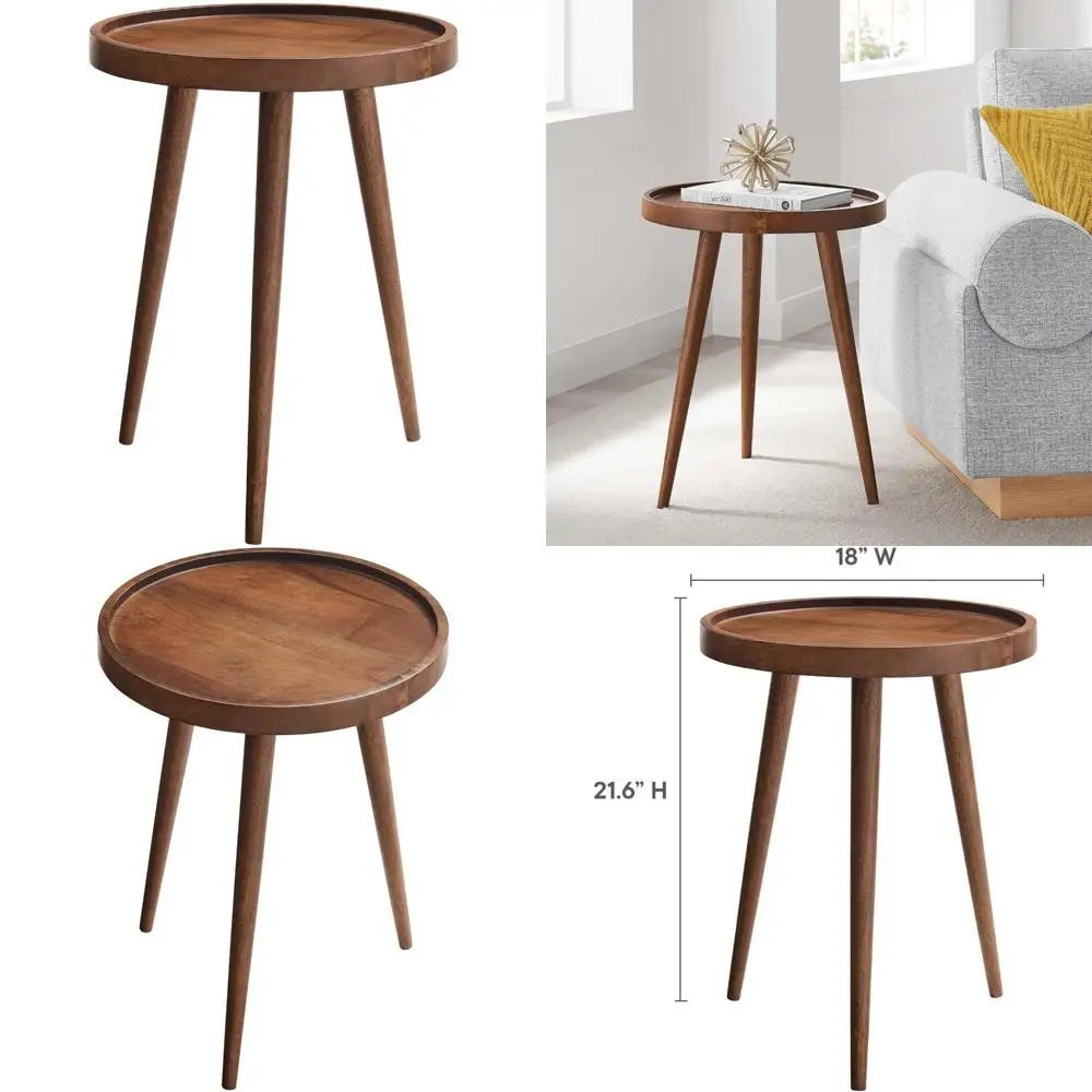

Solid Walnut Mid-Century Modern Round Side Table with Tray Top - Small Accent Table for Bedside Use