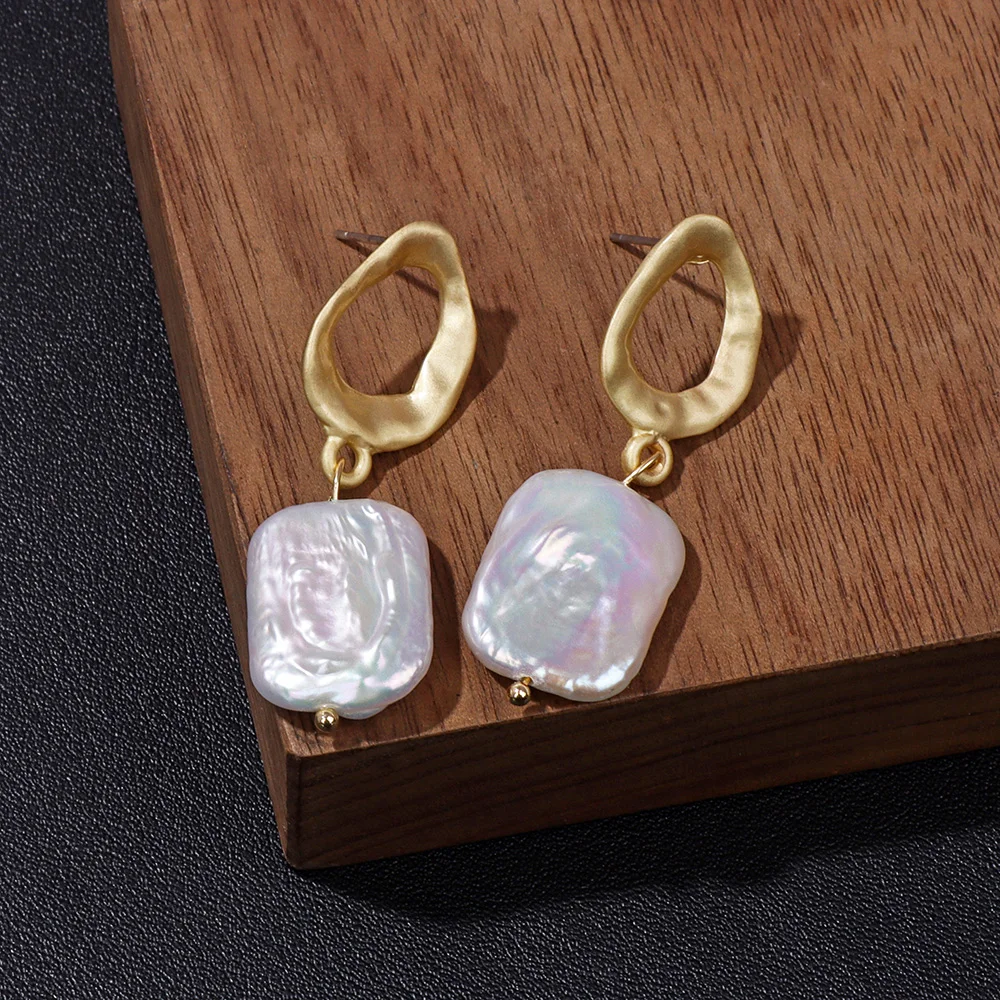 Fashion Natural Pearl Earrings For Women Genuine Baroque Pearl Drop Earrings Handmade Geometric Gold Color Dangle Jewelry Girl
