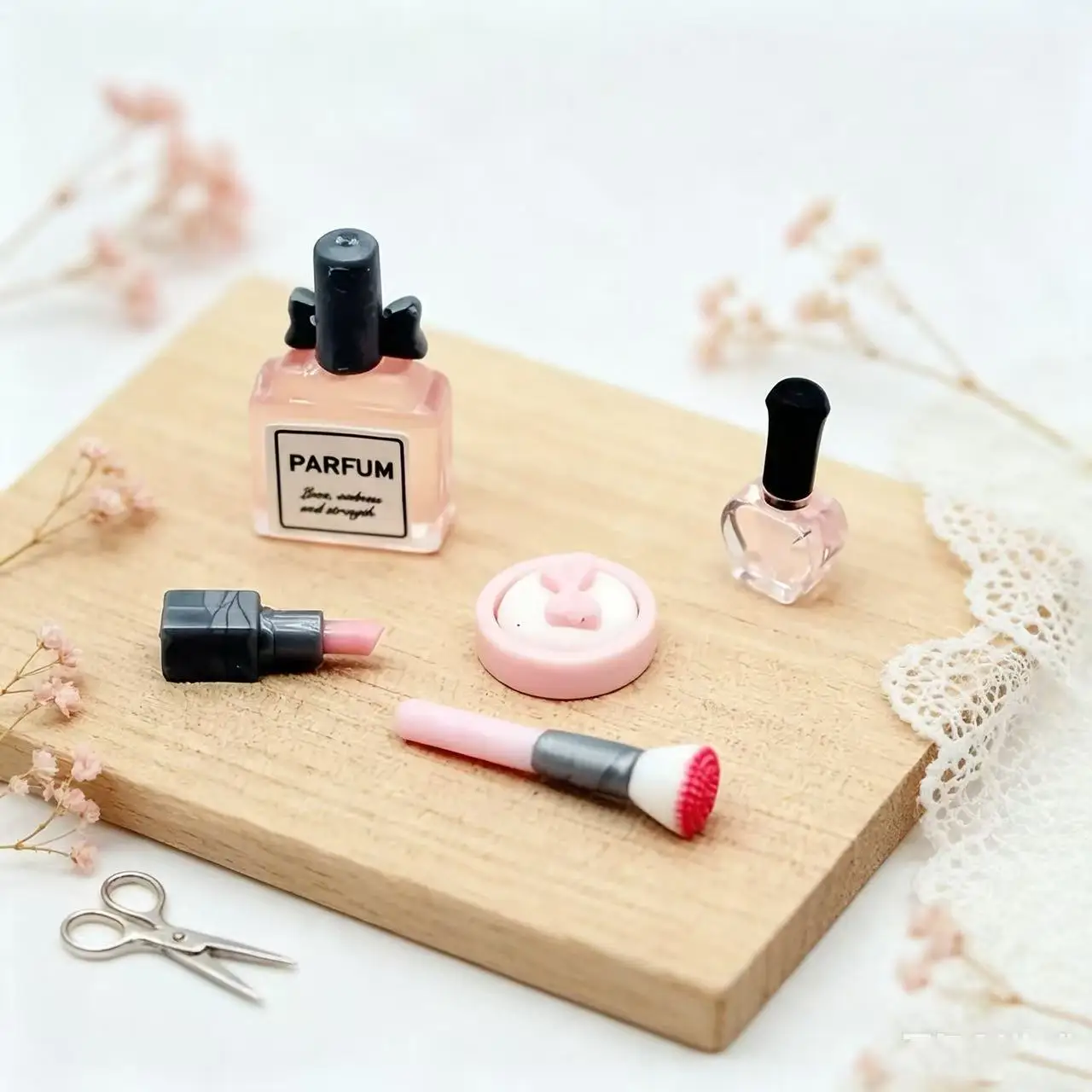 5pcs Dollhouse Miniature Makeup, 1/12 Mini Lipstick, Perfume  Powder Puff Nail Polish, Makeup Brush Models Suitable for Christma