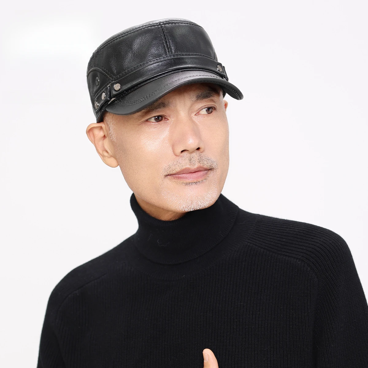 قبعة بيسبول مسطحة للخريف/الشتاء للرجال - قبعة كاجوال من جلد البقر الأصلي (56-60 سم) مع ديكور برشام #3