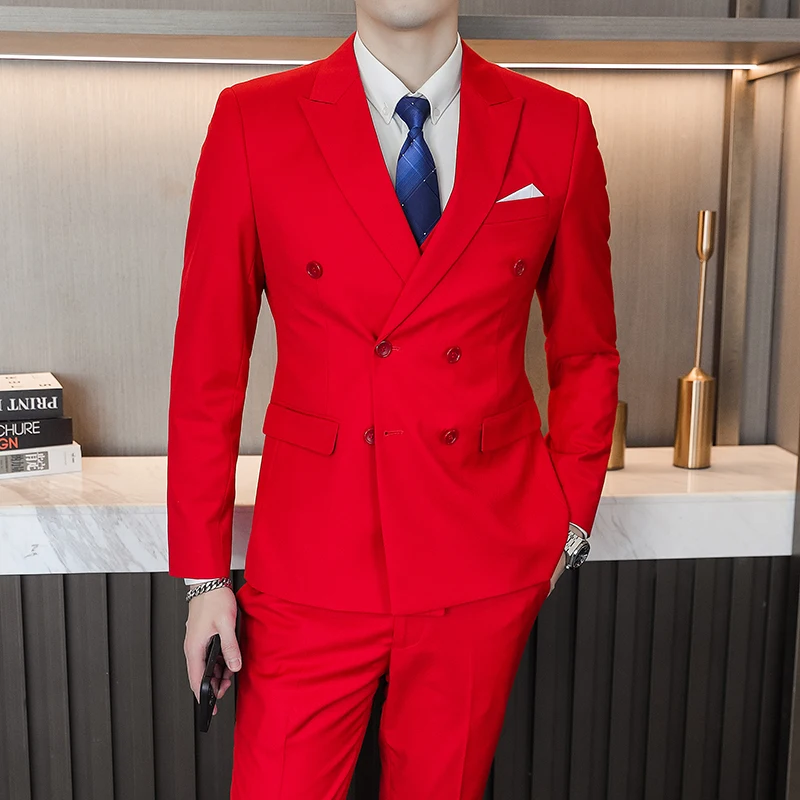 

Двубортный мужской синий костюм-двойка, модный приталенный пиджак с брюками, доступны цвета: красный, серый, зеленый, желтый, фиолетовый, азиатские размеры