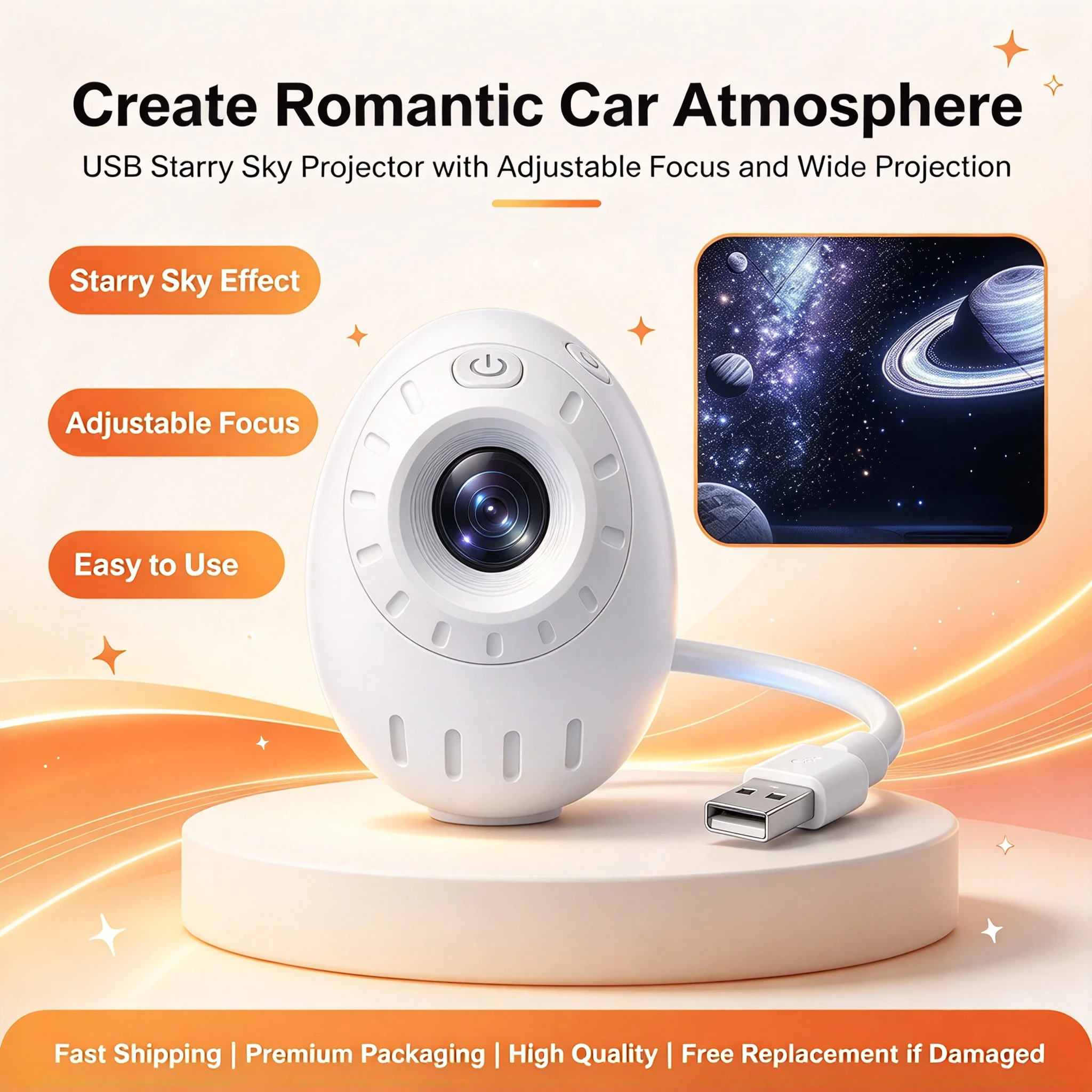 Car USB Ambient Light with Adjustable Focus, Romantic Atmosphere Multi-Scene Projection, Wide Range Car Interior Decor Lamp