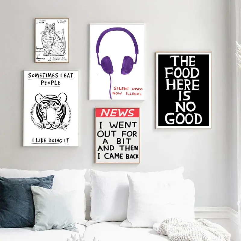 David Shrigley Artwork Poster Prints Pictures Tiger Earphone Crab Ice Cream Cat Wall Art Nordic Canvas Painting for Home Decor