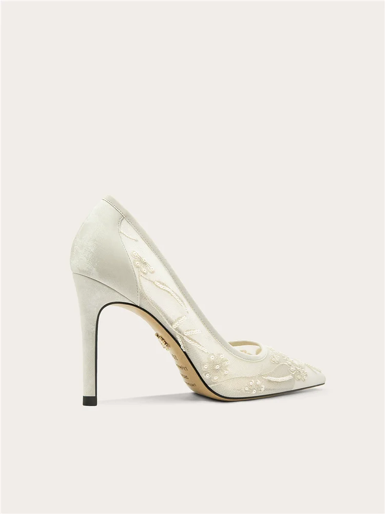 Spring and summer pointed shallow mouth embroidered pearl wedding shoes banquet big size small size slim high-heeled women shoes view 3