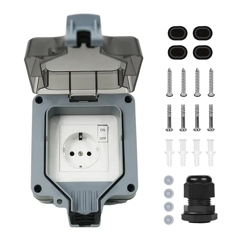 

Professional Tool Waterproof Socket 1-Way Outdoor Socket IP66 With Switch Indicator Light And Hinged Lid Lockable EU Plug