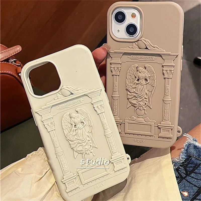 

3D Angel Wings Sculpture Roman Column Phone Case For iPhone 15 13 14 12 Pro Max Retro Lens Protection Soft Silicone Back Cover