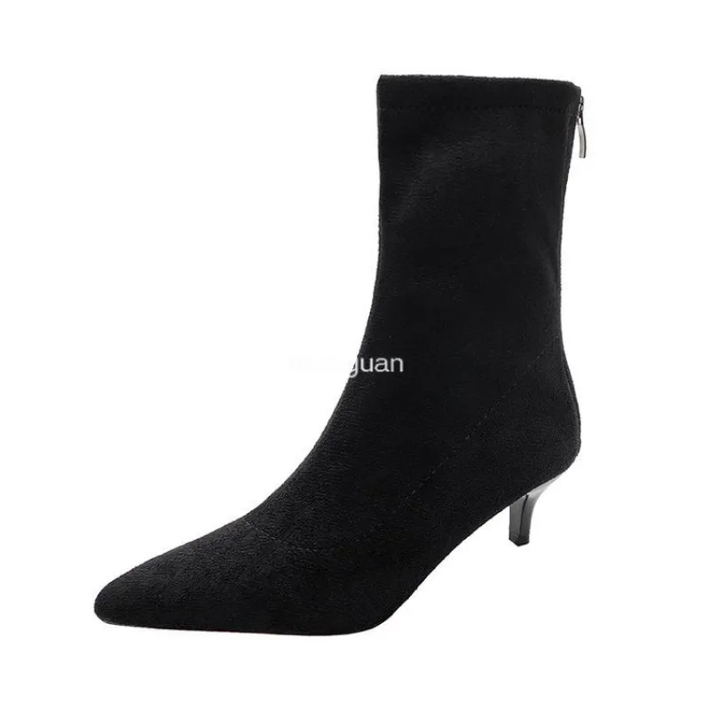 2024 Stretch Fabric Socks Boots Woman\'s Black Shoes Elegant Pointed Toe Knitting Elastic Sexy Party Ankle Boots for Women 35-40