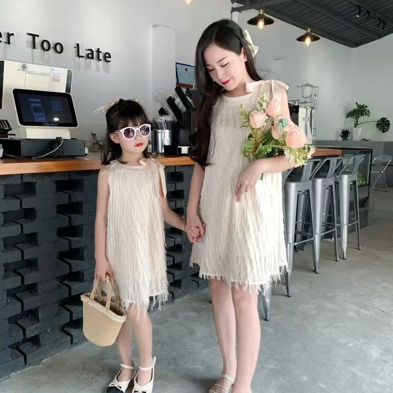 Family Look Tassel Mother Daughter Matching Dresses Mommy and Me Clothes Fashion Women Girls Dress Outfits 2025