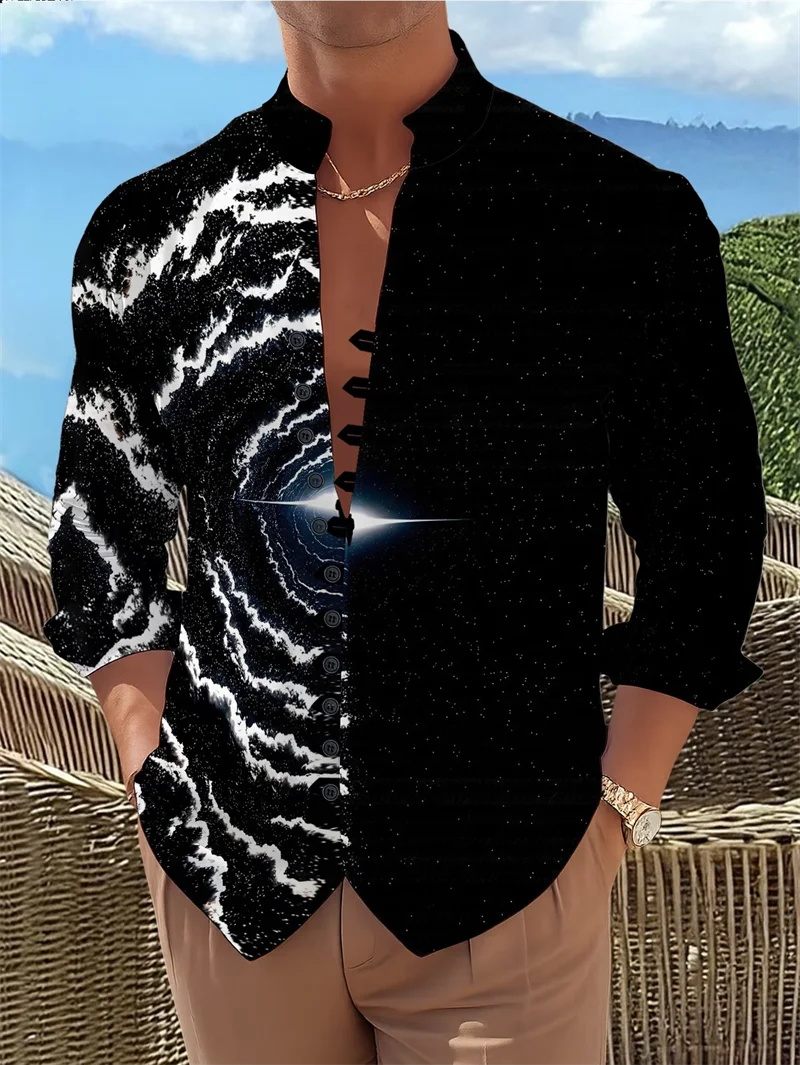 New Retro Paisley Collar Shirt men's Stand Up Collar Single Breasted Personalized Long Sleeved Top Clothing