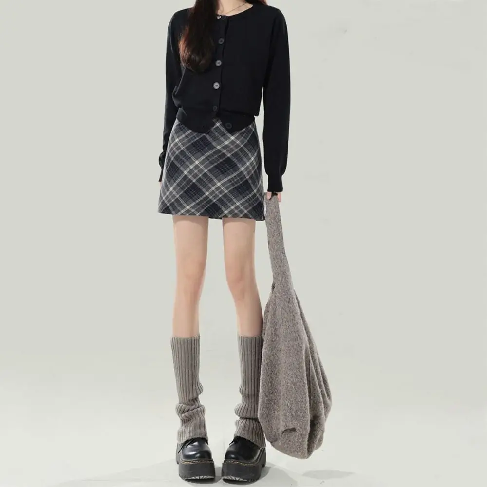 Moda cintura alta retro xadrez saia inverno outono fino ajuste cintura alta saia longa clássico estilo preppy a linha meio vestido feminino