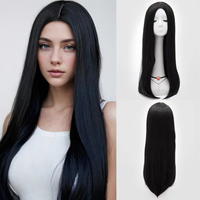 Synthetic Long Straight Black Wigs With Middle Parted Bangs for Women Realistic Daily Wear Fake Hair Heat Resistant Fiber