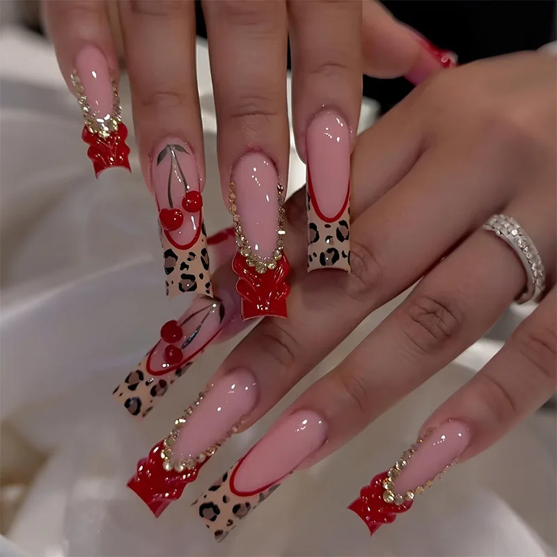 24Pcs Long Square Press on Nails Leopard Print French 3D Cherry Design False Nail Rhinestone Wearable Full Cover Fake Nails Tips