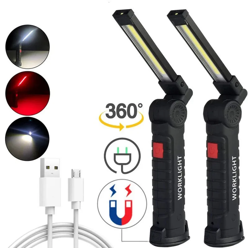 LED COB Work Light 360 Degree Rotate USB Rechargeable Rubber Covered Car Inspection Working Lamp with Magnet and Hook