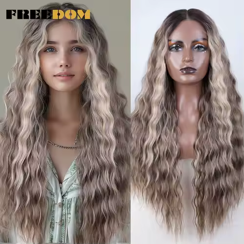 FREEDOM Synthetic Lace Front Wig Long Deep Wavy Ombre Blonde Ginger Lace Wigs For Black Women Heat Resistant Cosplay Wigs - Image 3