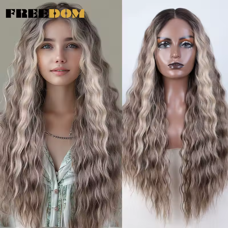 FREEDOM Synthetic Lace Front Wig Long Deep Wavy Ombre Blonde Ginger Lace Wigs For Black Women Heat Resistant Cosplay Wigs - Image 3