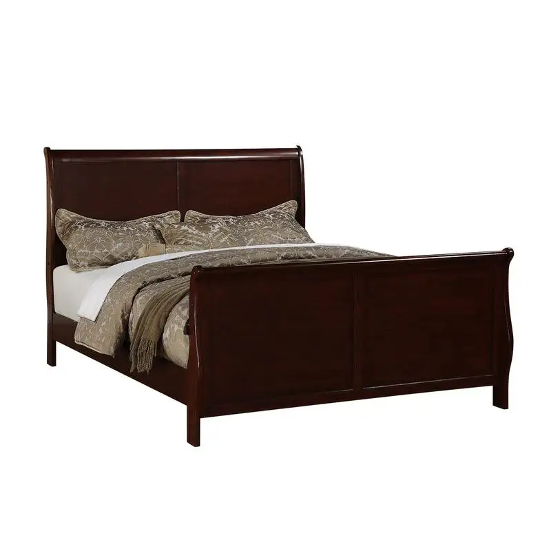 Modern Queen Size Bed Sleigh Design Headboard Footboard Plywood Bedframe Dark Cherry Color Louis Philippe Style Bedroom