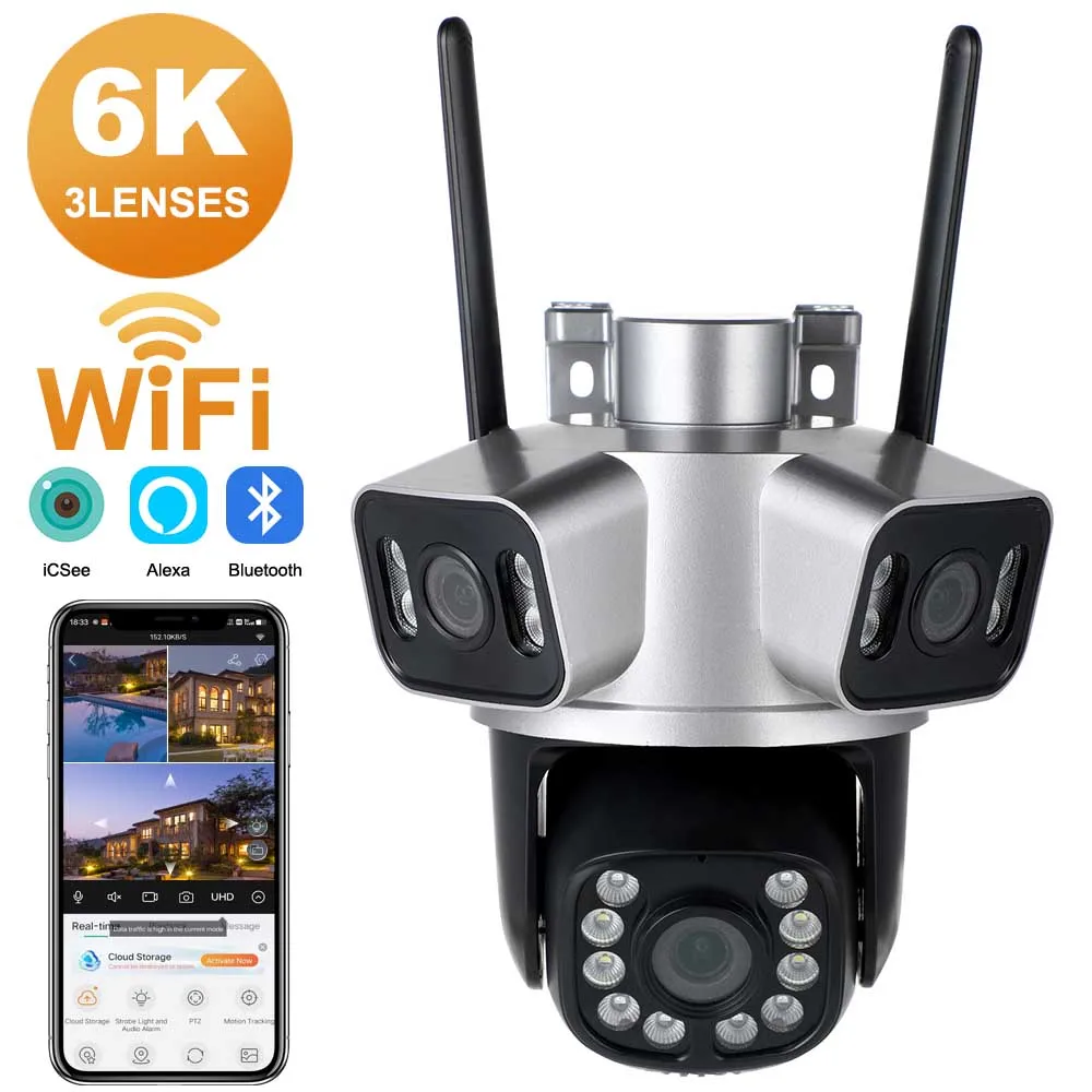 6K WiFi Surveillance Camera, 3Lenses 3 Screens, Digital Zoom, AI Human Detect, ONVIF, 8MP Outdoor Security PTZ IP Cameras,