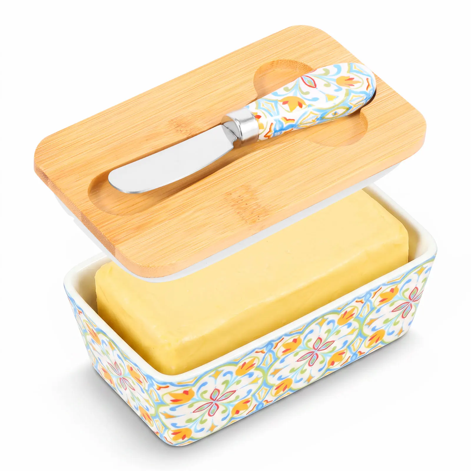 Ceramic Butter Dish 5.79" Butter Keeper Container with Knife and Bamboo Lids Multipurpose Nutty Cookie Storage Boxes for Kitchen