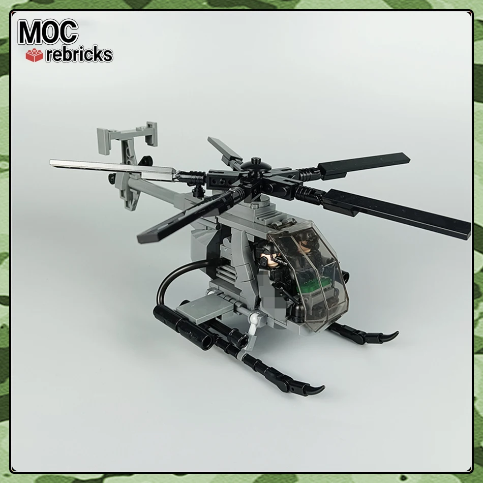 WW2 seria wojskowa MOC cegły MH-6 helikoptery przewożące żołnierzy klocki do budowy zestaw modeli DIY zabawki dla dzieci urodziny prezenty