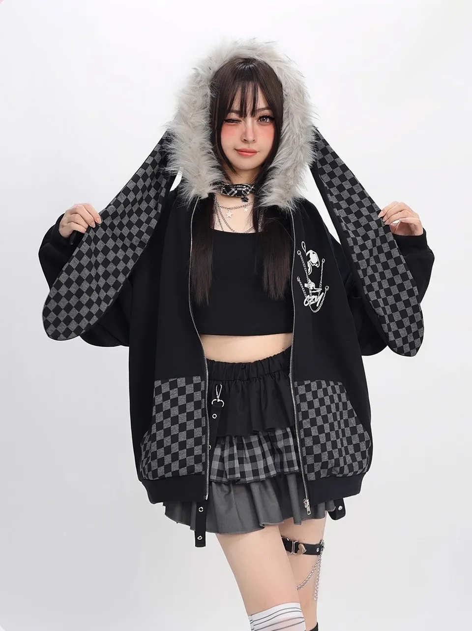 Original Fashion Highstreet Sweet Cool Girl Hooded Tops Plaid Rabbit Ear Hooded Loose Casual Fleeced Sweatshirts Jackets Women