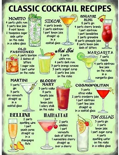 Classic Cocktail Recipes Vintage Tin Sign  Wall Decor
