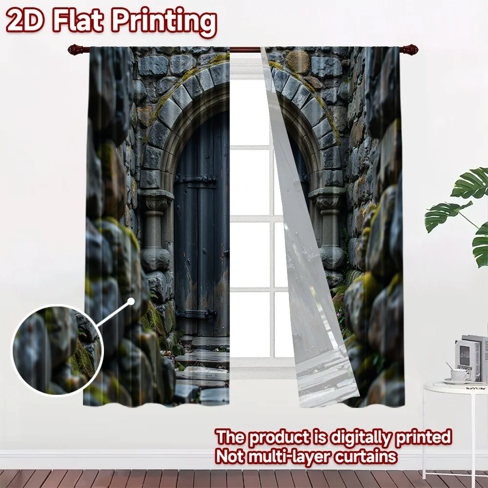 2D flat 2pcs Curtain Country Style Stone Arch Wooden Door Digitally printed polyester, colorfast Family Party Decoration Use for