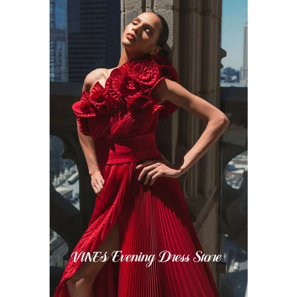 VINES Red One-Shoulder Prom Dress Evening Dress with 3D Floral Appliqués Pleated A-Line Party Dress with High Slit Customized